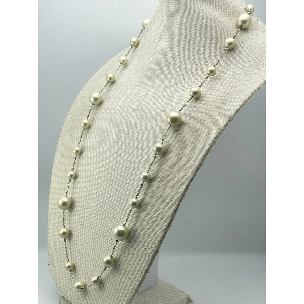 Stunning Vintage Glass Pearl Chain Necklace Silver Tone Statement Bridal Cute